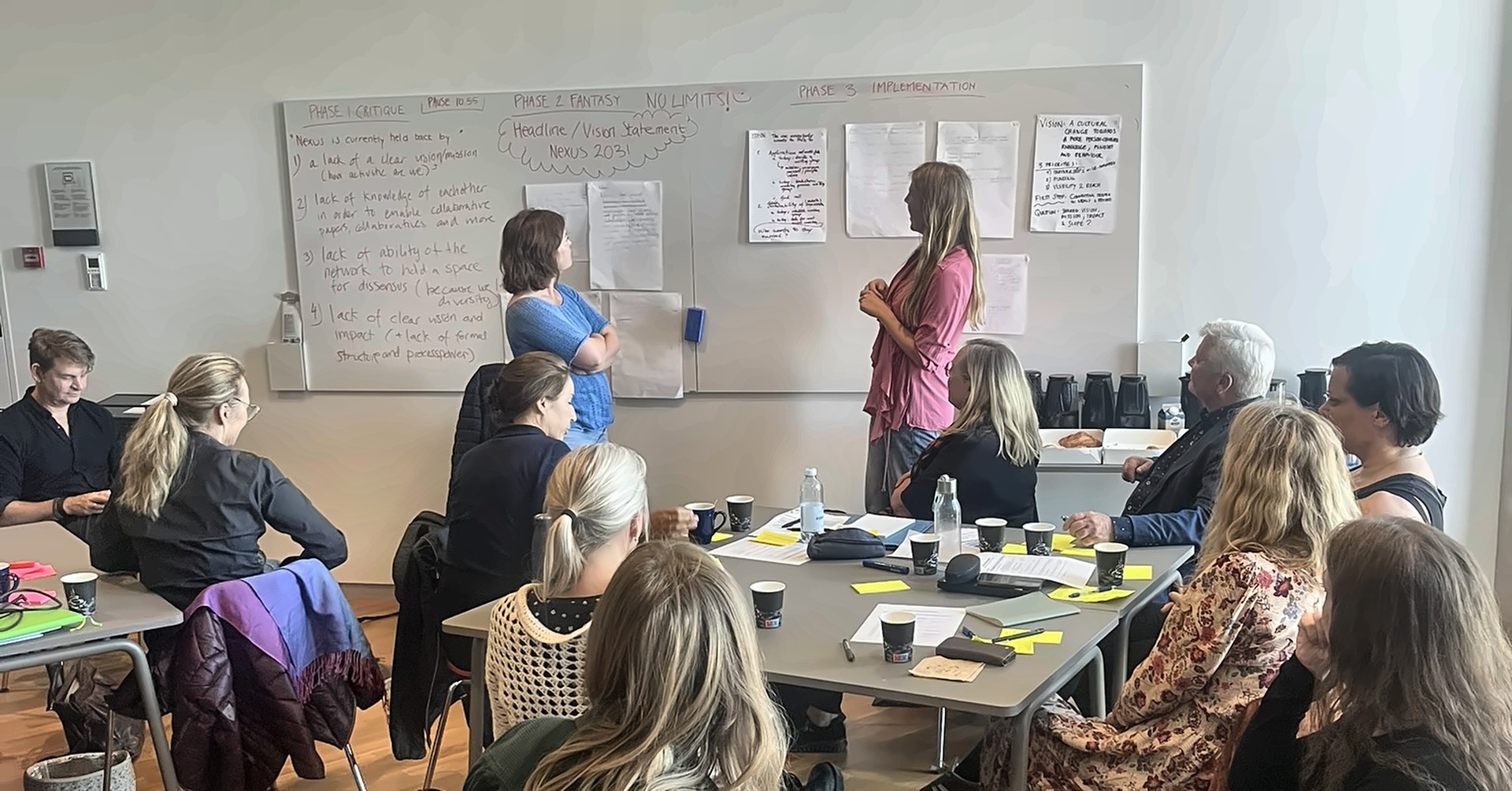 Deltagerne gennemgår kritikfasen ved whiteboardet